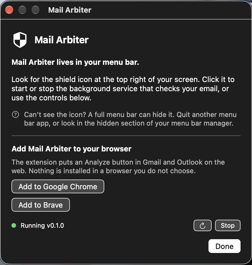 The Mail Arbiter companion app window, showing the service running, with buttons to add the extension to Chrome or Brave